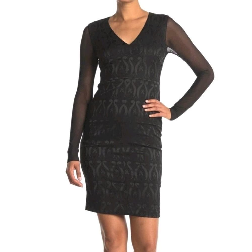 Catherine Malandrino Long Sleeve Black Sheath Classy V-neck Dress Size 2‎